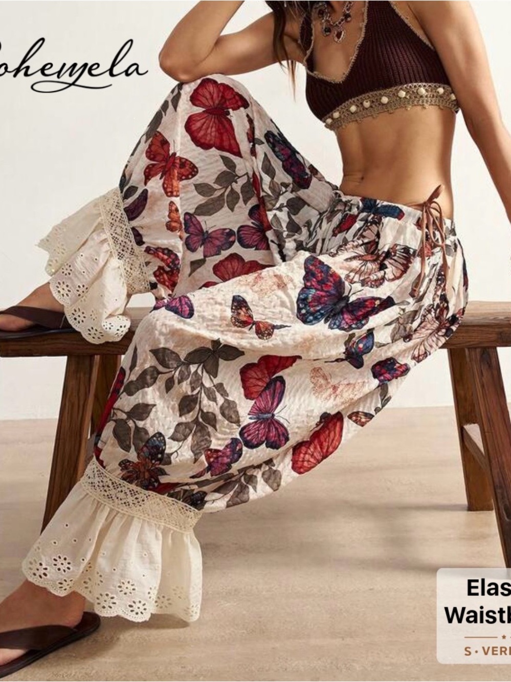 NWT Bohemela White Butterfly Print Boho Wide Leg Pants with Lace Trim, Bloomers